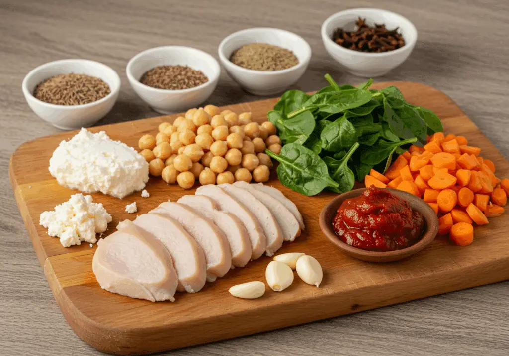 Ingrédients soupe orientale poulet effiloché méditerranéens épices