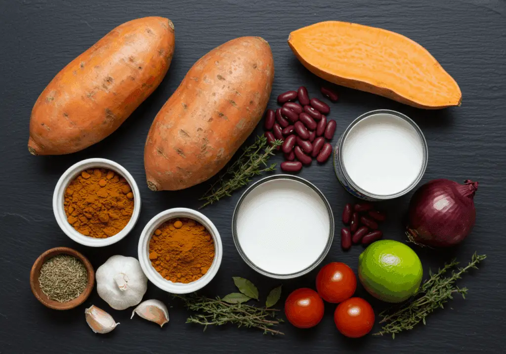 Ingrédients soupe patate douce lait coco masala disposés ardoise noire
