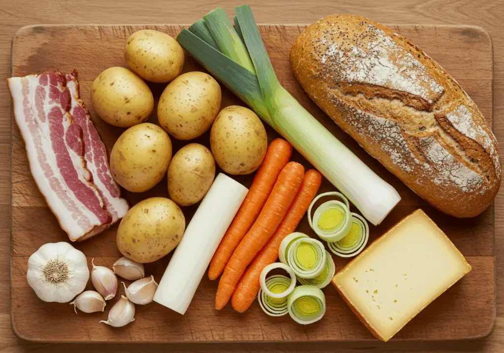 Ingrédients soupe paysanne lardons fumés légumes terroir français