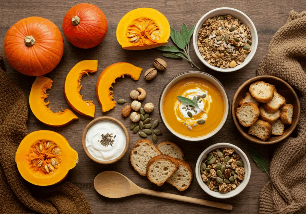 Ingrédients frais pour soupe potimarron et granola maison disposés style rustique