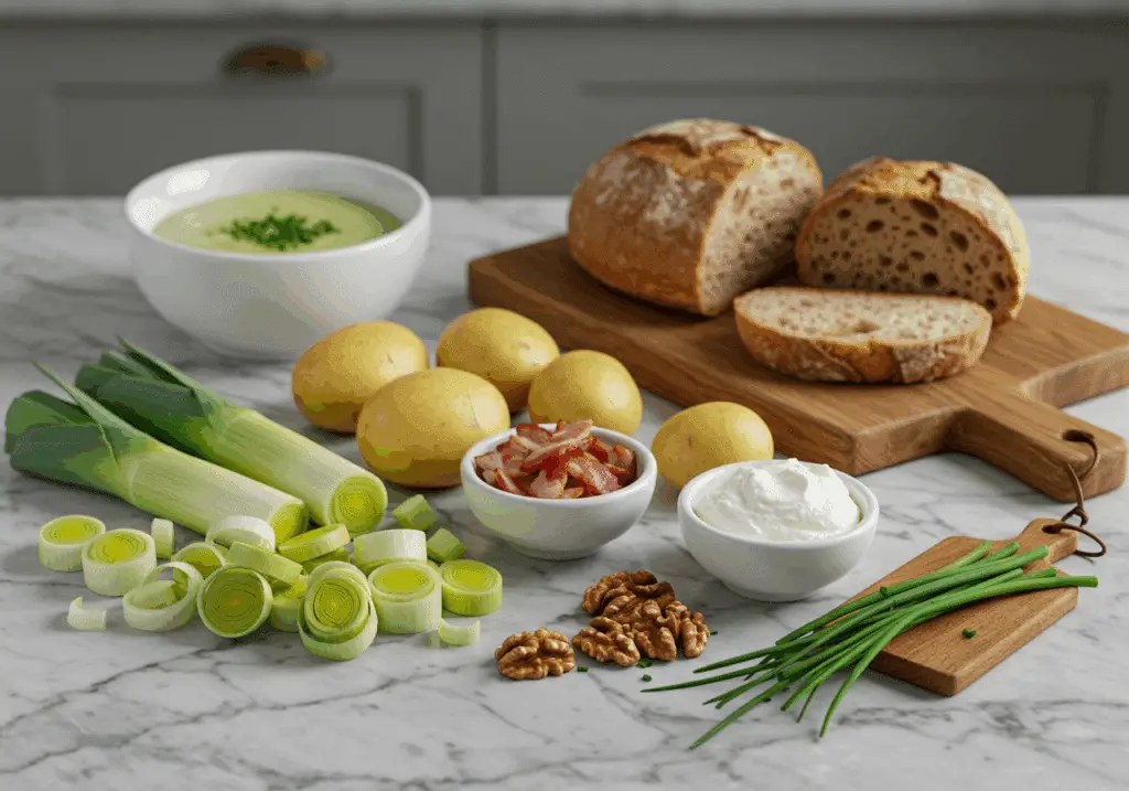 Ingrédients soupe tartine poireaux lardons ricotta pain