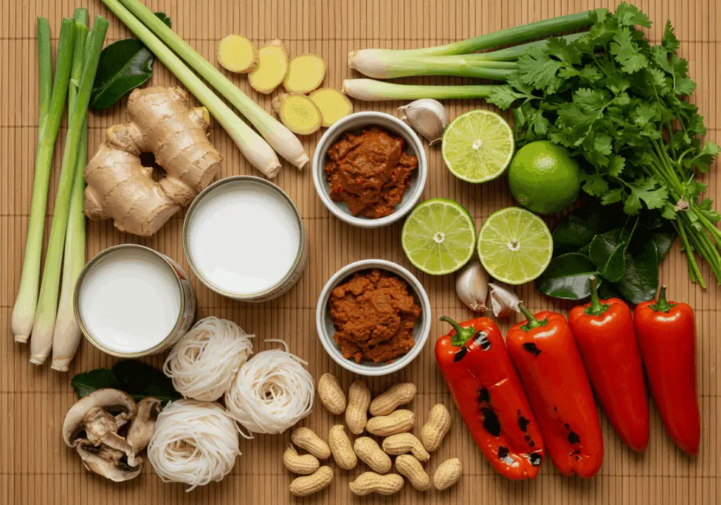 Ingrédients frais pour soupe thaï disposés avec citronnelle gingembre et lait de coco