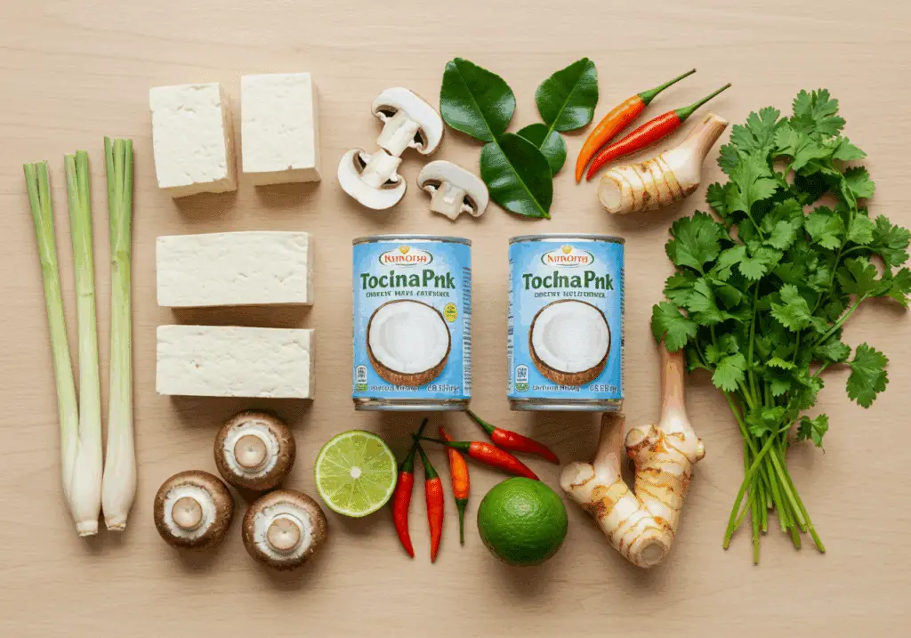 Ingrédients frais thaïlandais pour soupe Tom Kha tofu disposés style authentique