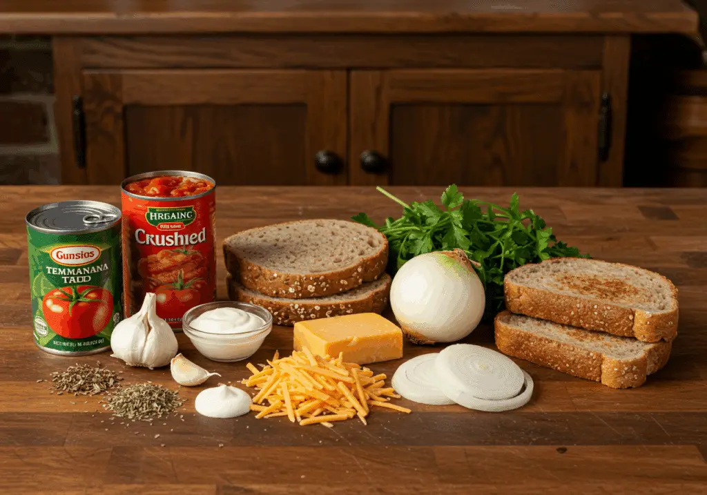 Ingrédients frais pour soupe tomates et grilled cheese sandwich disposés style rustique