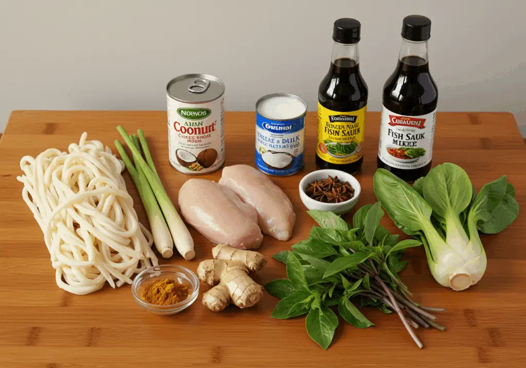 Ingrédients soupe udon poulet coco fusion asiatique authentiques
