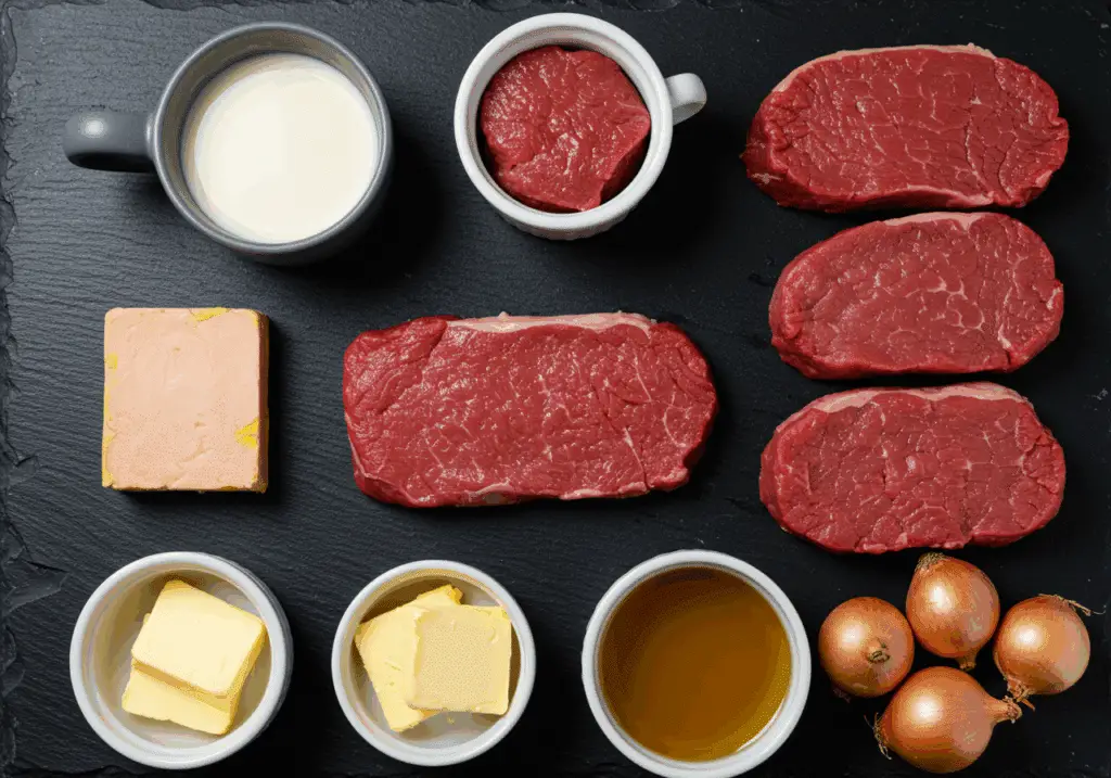 Ingrédients tournedos sauce foie gras bœuf crème échalote disposés ardoise