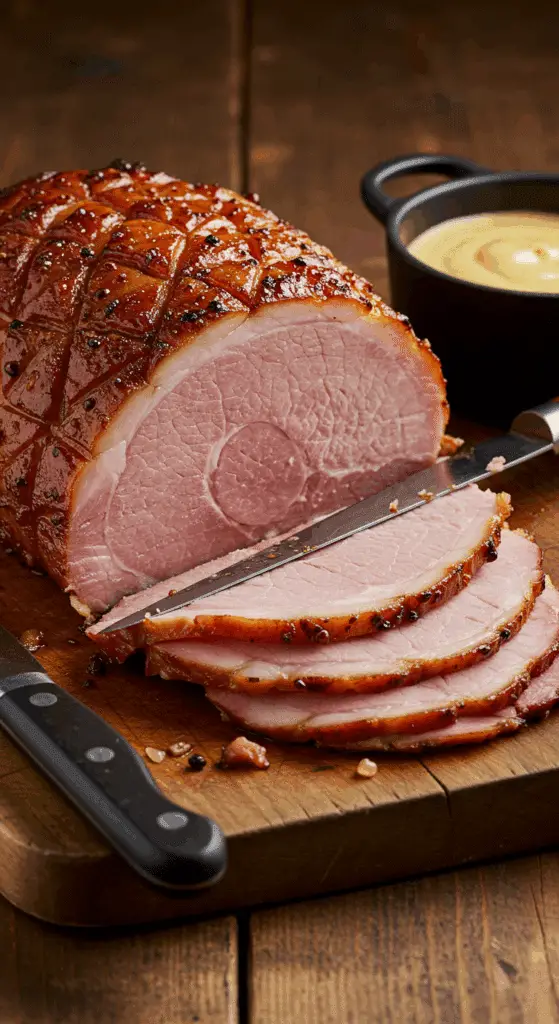 Jambon frais rôti à la sauce moutarde doré spectaculaire festif