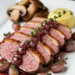 Magret canard sauce vin échalotes rosé tranché élégant