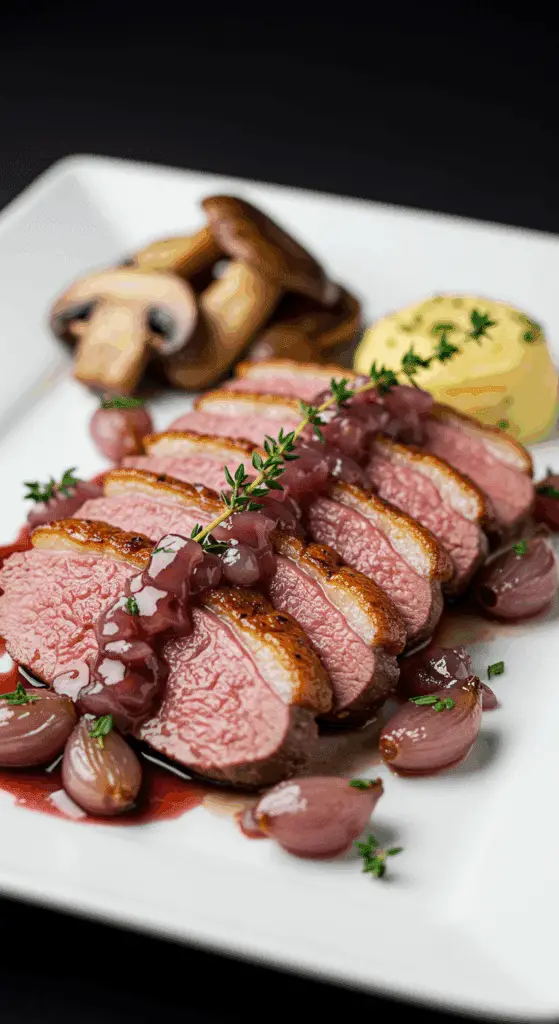 Magret canard sauce vin échalotes rosé tranché élégant