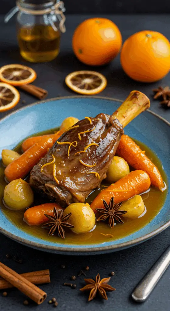 Navarin d'agneau miel orange épices Noël fumant appétissant
