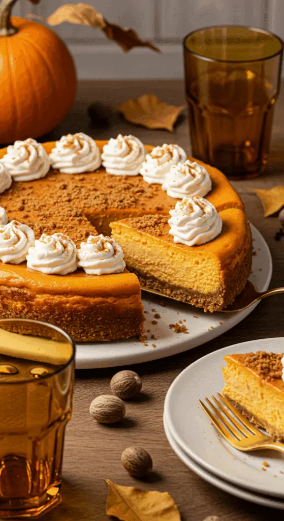 Part de cheese-cake au potimarron servie avec crème fouettée et caramel