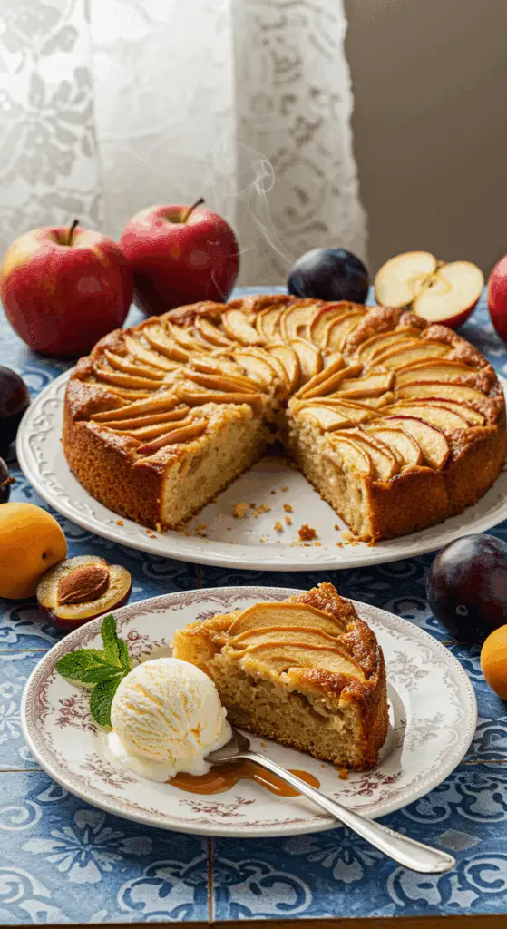 Part de gâteau aux pommes facile servie avec glace vanille