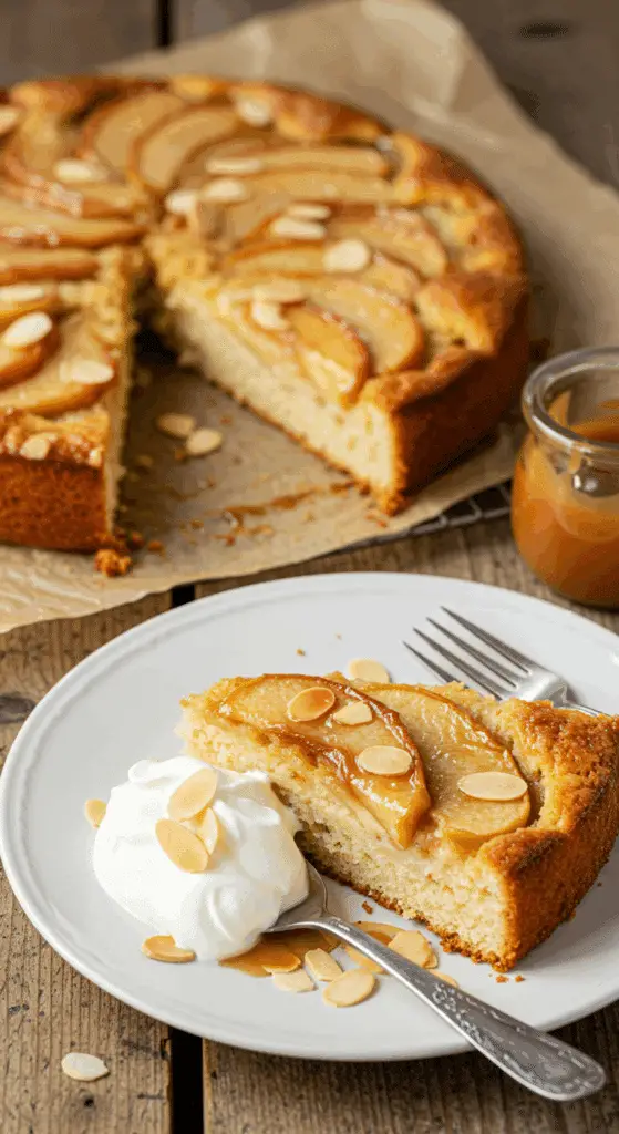 Part de gâteau aux pommes, ricotta et amandes servie avec crème fouettée