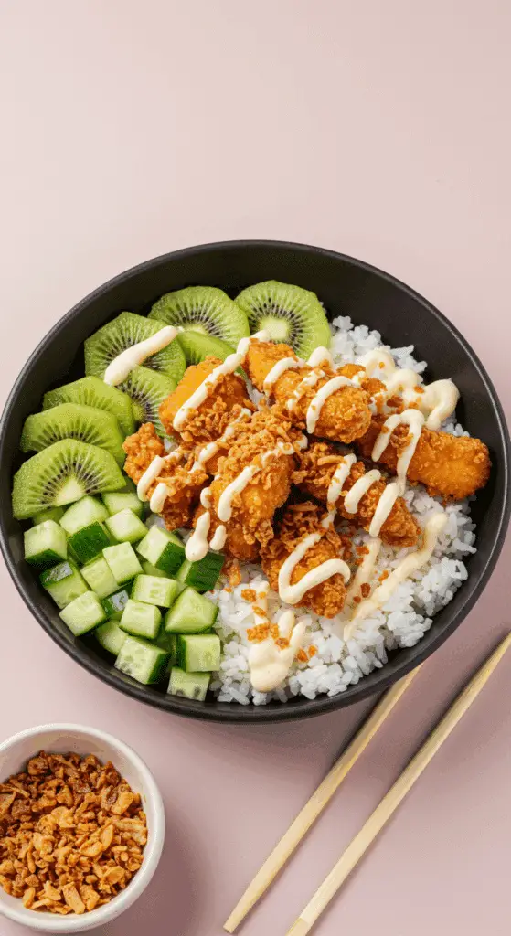Poké bowl poulet kiwi oignons frits coloré créatif