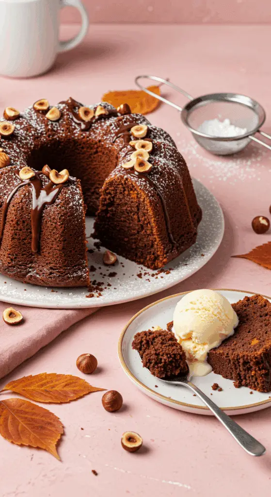 Présentation élégante part de gâteau chocolat et courge butternut avec glace