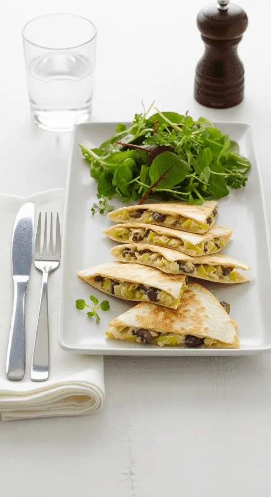 Quesadillas fusion poireaux champi dorées fromage crémeux herbes salade élégante