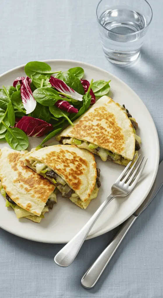 Quesadillas fusion gastronomiques aux poireaux et portobello avec fromage coulant et présentation raffinée