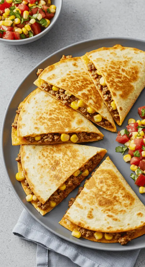 Quesadillas mexicaines bœuf cheddar dorées coupées en triangles