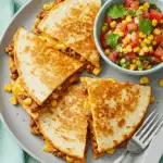 Quesadillas mexicaines bœuf cheddar dorées fromage fondu filaments triangles planche