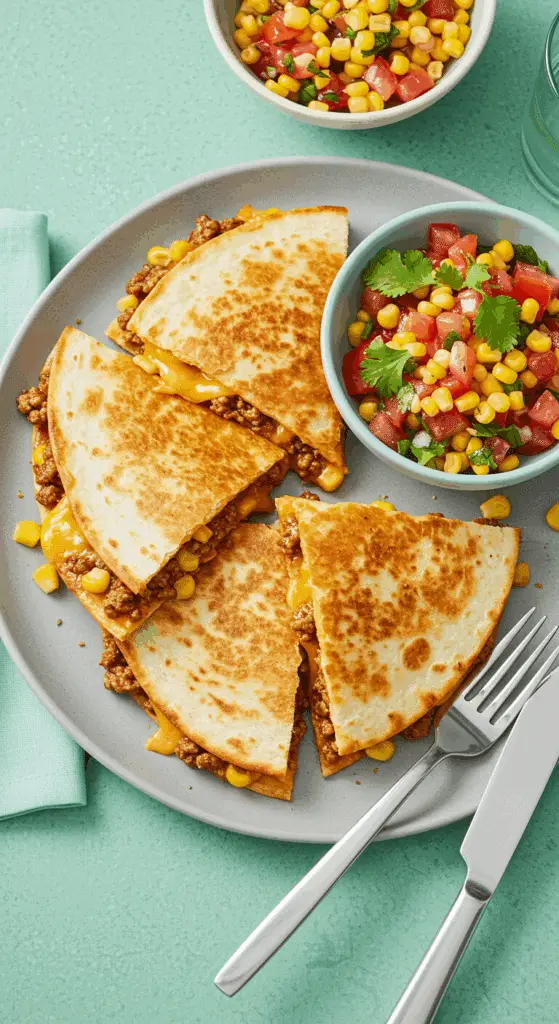 Quesadillas mexicaines bœuf cheddar dorées fromage fondu filaments triangles planche