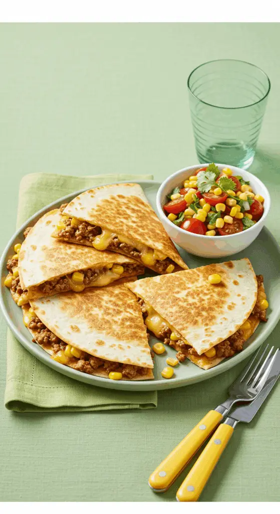 Quesadillas mexicaines bœuf cheddar dorées fromage fondu filaments triangles planche