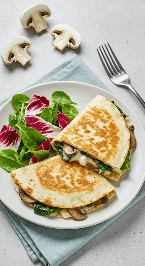 Quesadillas veggie épinards champignons croustillantes avec fromage filant et garniture généreuse