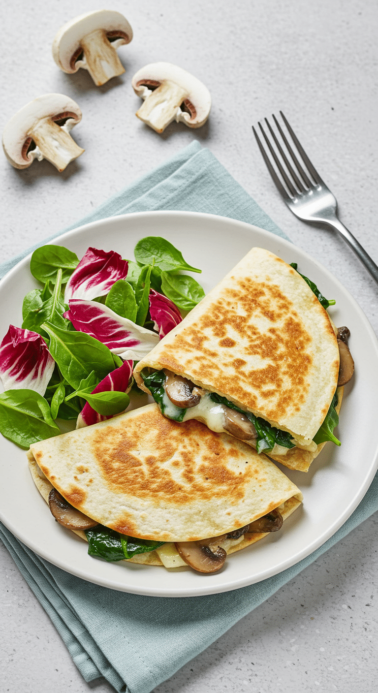 Quesadillas veggie épinards champignons croustillantes avec fromage filant et garniture généreuse