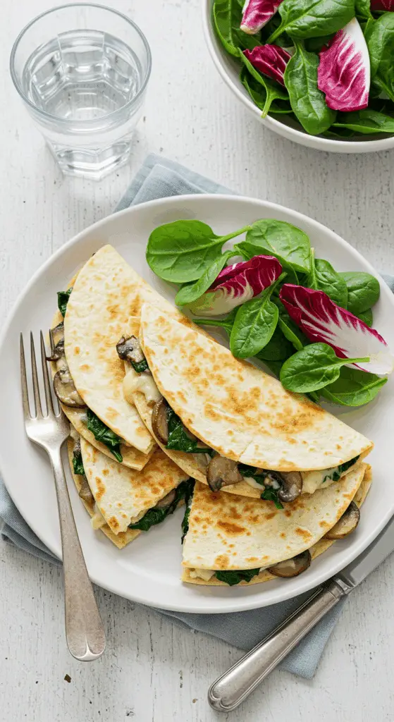 Quesadillas veggie épinards champignons dorées croustillantes garnies fromage fondu