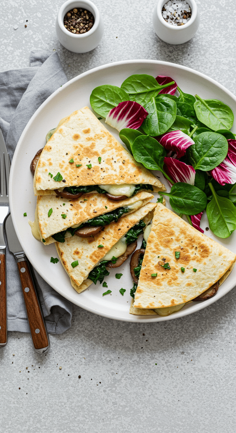 Quesadillas veggie épinards portobellos fromages fondants