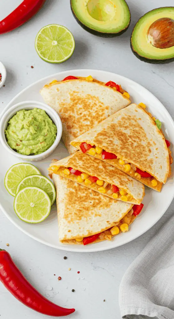 Quesadillas veggie poivron cheddar dorées croustillantes guacamole mexicaines