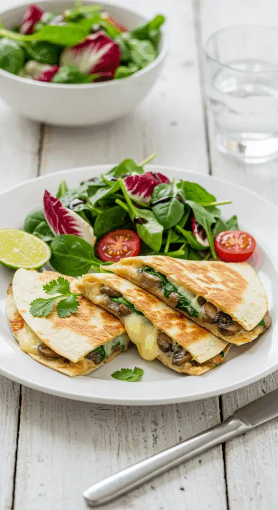 Quesadillas veggie épinards champignons servies assiette salade verte fromage fondu