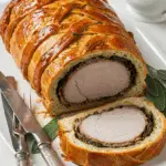 Rôti porc sauge croûte pain doré tranché viande tendre