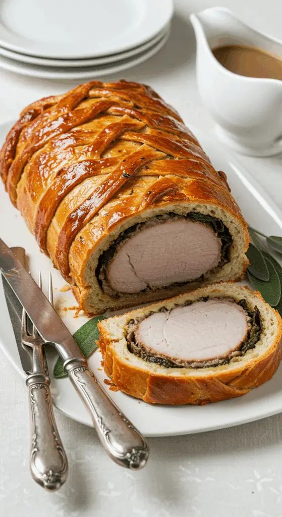 Rôti porc sauge croûte pain doré tranché viande tendre