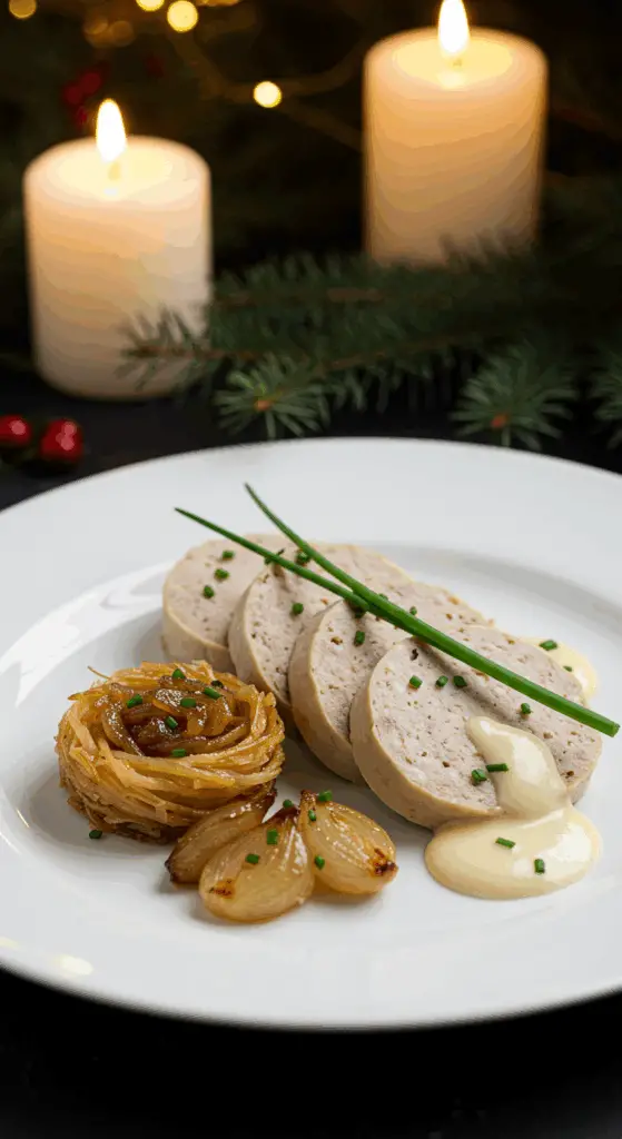 Service boudin blanc échalotes assiette sauce crémeuse élégante