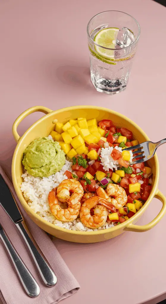 Service bowl énergie crevettes mangue pico avocat mélangé fourchette déjeuner sain