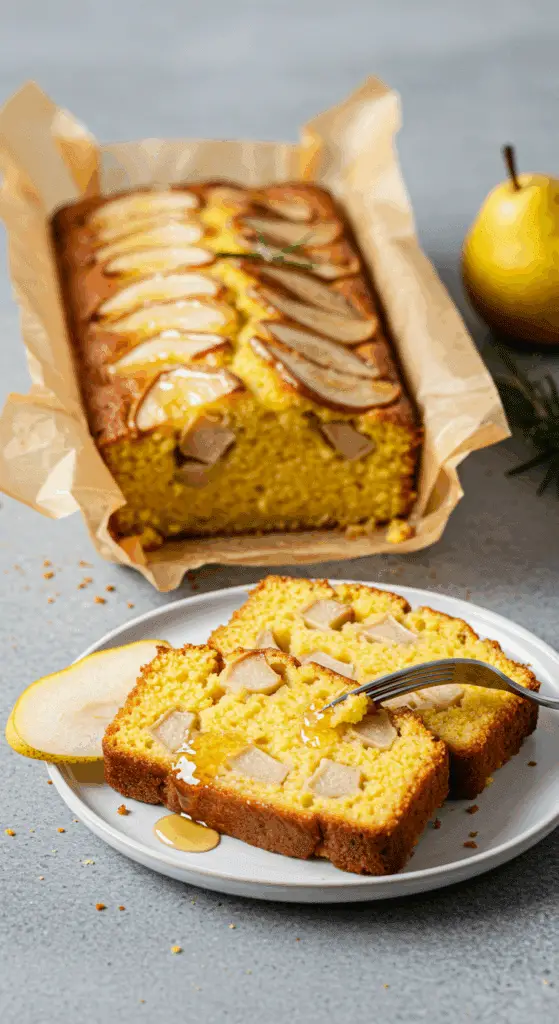 Part généreuse de cake poires-polenta servie avec mascarpone vanillé sur assiette blanche