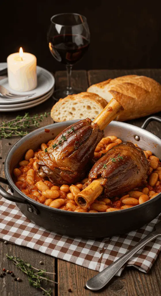 Service cassoulet souris agneau assiette creuse pain vin