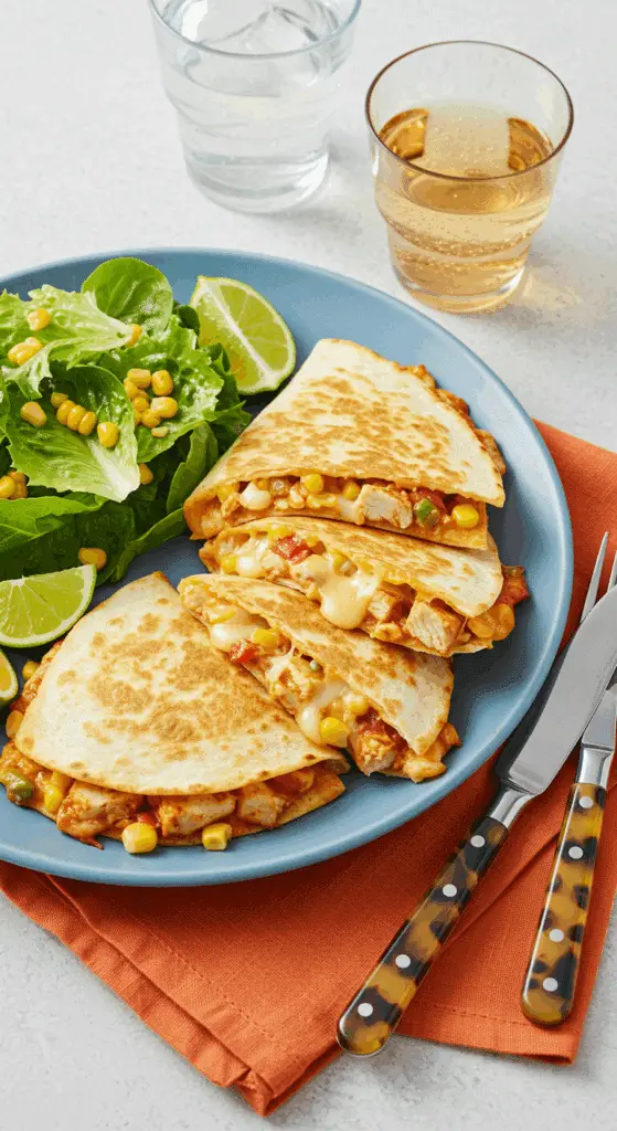 Service cheesy quesadillas fromage coulant salade maïs présentation tex-mex