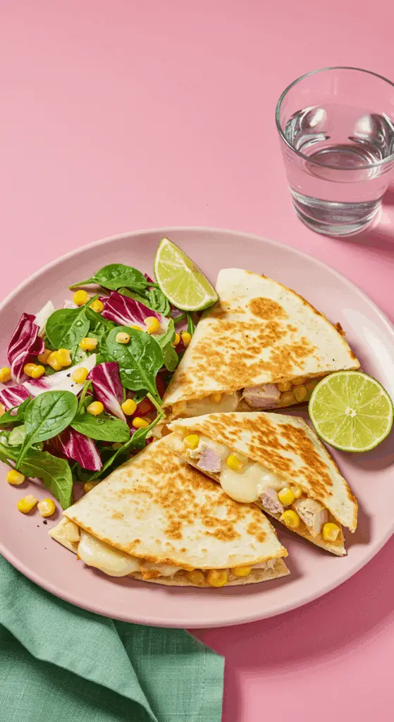 Service cheesy quesadillas gouda dinde salade maïs présentation fitness