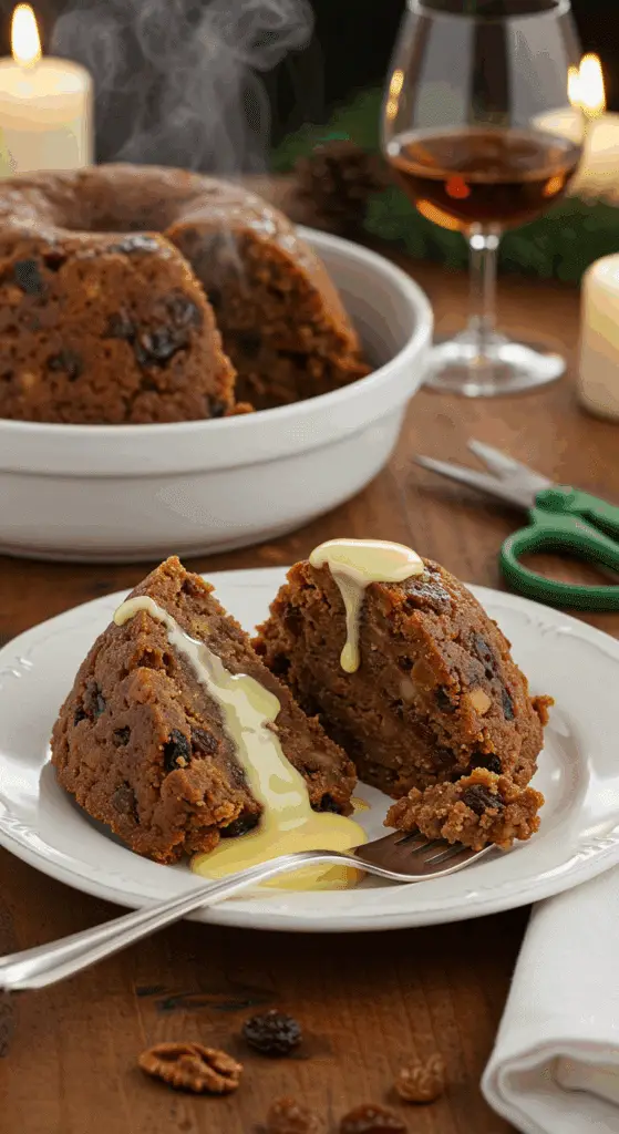 Tranche de Christmas pudding servie avec crème anglaise chaude et cognac