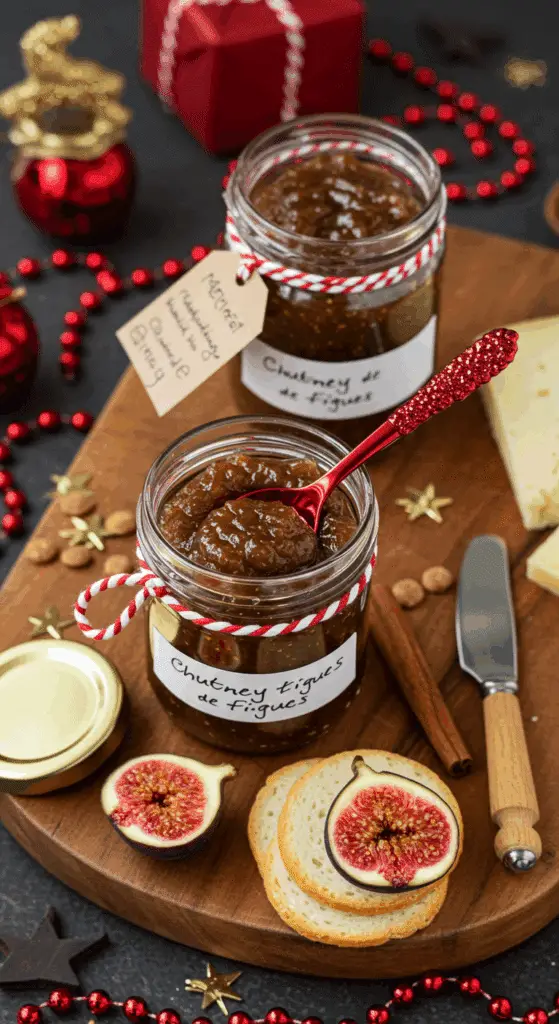 Service chutney figues cadeaux pots décorés rubans étiquettes plateau fromages