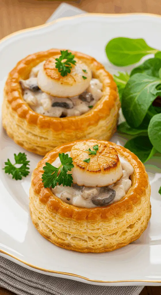 Service élégant bouchées Reine Saint-Jacques champignons assiette porcelaine salade