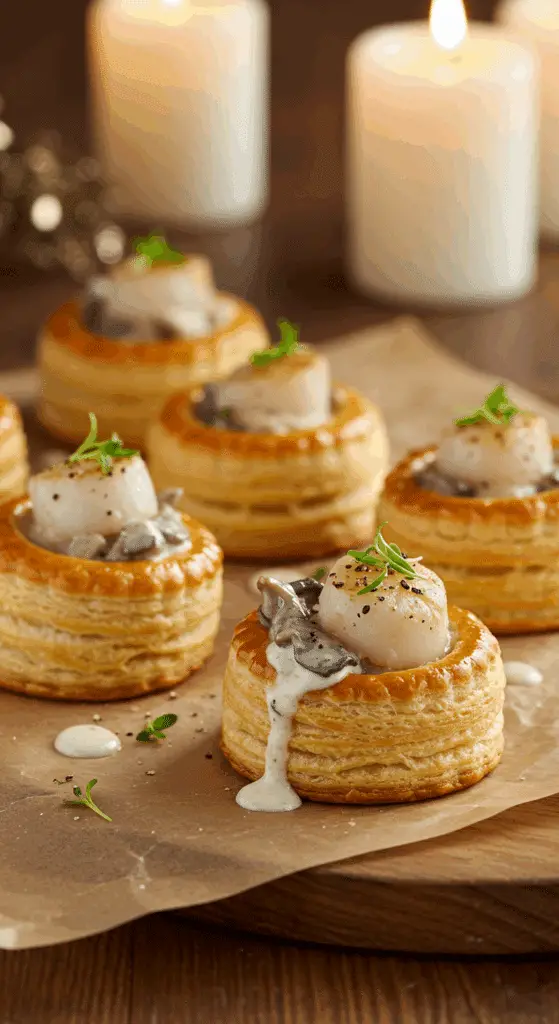 Service élégant bouchées reine Saint-Jacques champignons restaurant