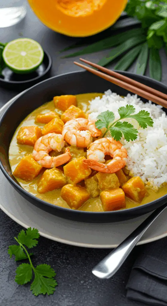 Service élégant curry potiron crevettes bol riz basmati tropical