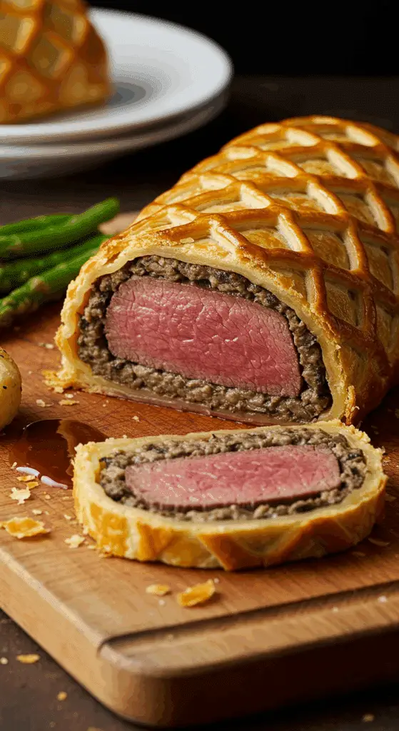 Service élégant filet boeuf croûte Madère tranche rosée farce feuilletage sauce