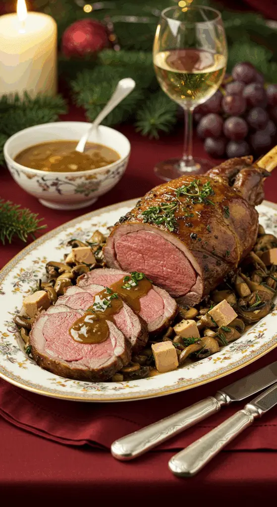 Service élégant gigot agneau Noël cèpes foie gras table festive