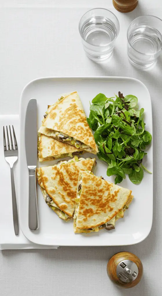 Service élégant quesadillas fusion poireaux champi fromage fondu salade balsamique