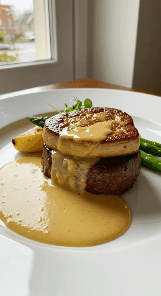 Service élégant tournedos sauce foie gras assiette porcelaine légumes fins