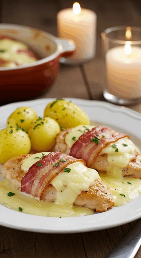 Service escalope savoyarde sauce reblochon lardons pommes terre
