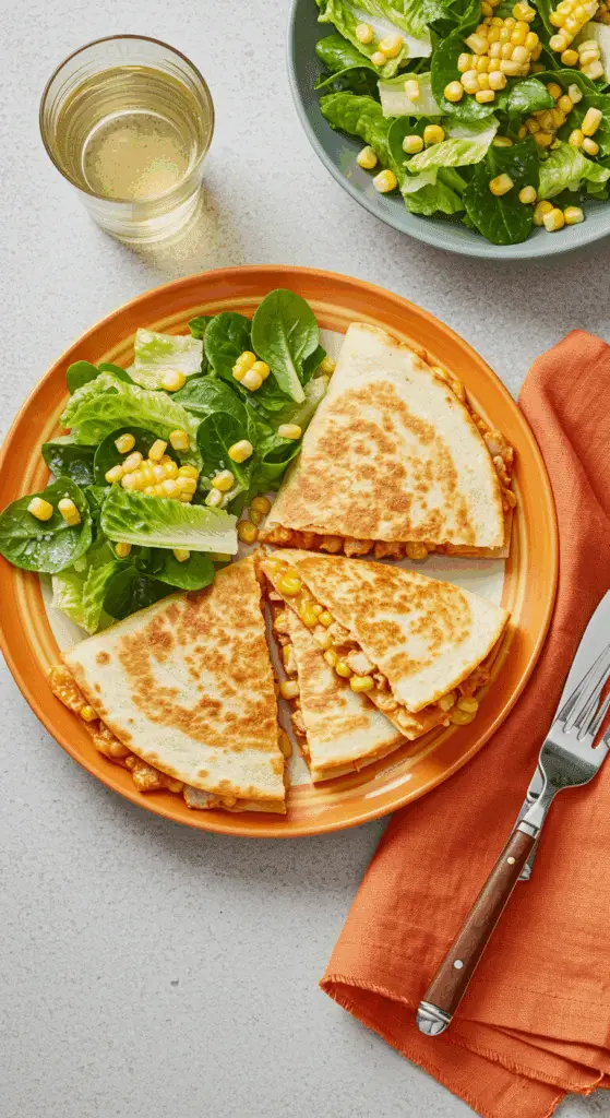 Service familial cheesy quesadillas dinde maïs fromage filaments salade fraîche convivial